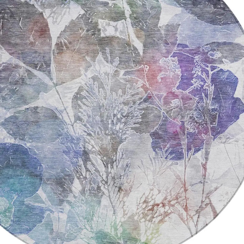 8' Blue And Silver Round Botanical Leaves Washable Indoor Outdoor Area Rug Homeroots Outdoor