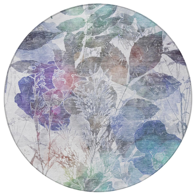 8' Blue And Silver Round Botanical Leaves Washable Indoor Outdoor Area Rug Homeroots Outdoor