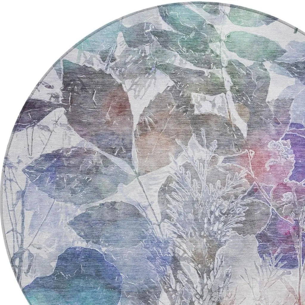 8' Blue And Silver Round Botanical Leaves Washable Indoor Outdoor Area Rug Homeroots Outdoor