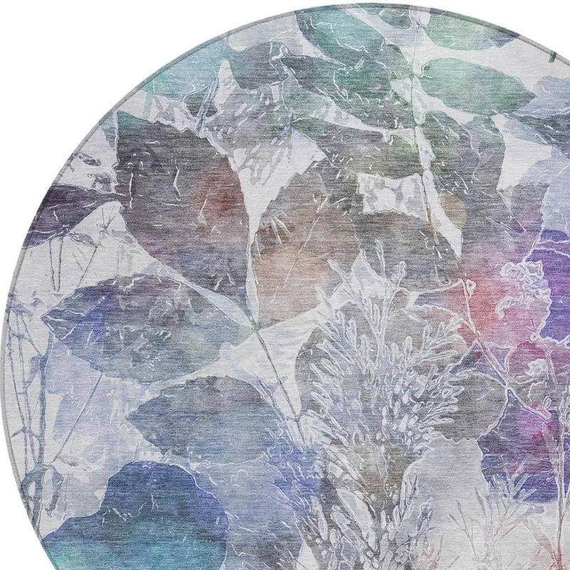8' Blue And Silver Round Botanical Leaves Washable Indoor Outdoor Area Rug Homeroots Outdoor