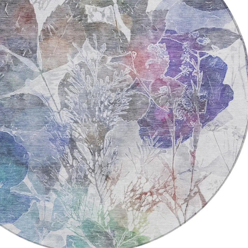 8' Blue And Silver Round Botanical Leaves Washable Indoor Outdoor Area Rug Homeroots Outdoor