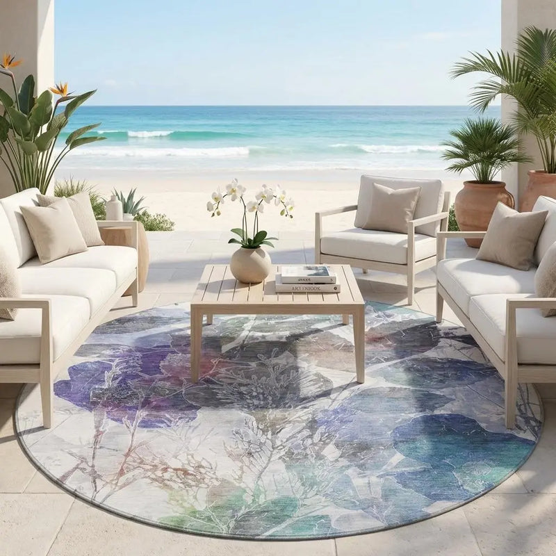 8' Blue And Silver Round Botanical Leaves Washable Indoor Outdoor Area Rug Homeroots Outdoor