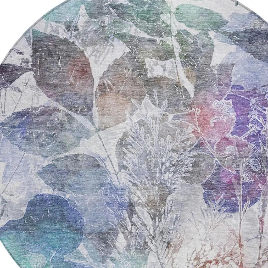 8' Blue And Silver Round Botanical Leaves Washable Indoor Outdoor Area Rug Homeroots Outdoor