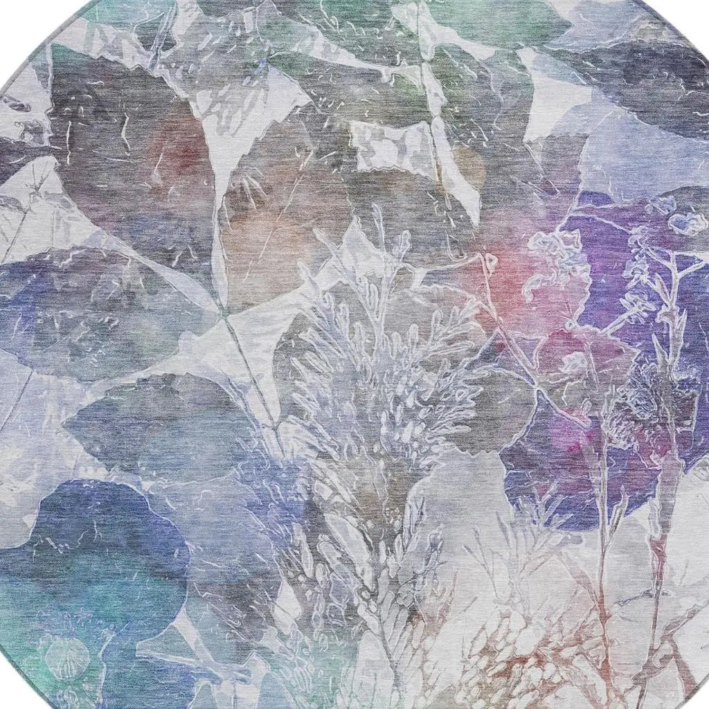 8' Blue And Silver Round Botanical Leaves Washable Indoor Outdoor Area Rug Homeroots Outdoor