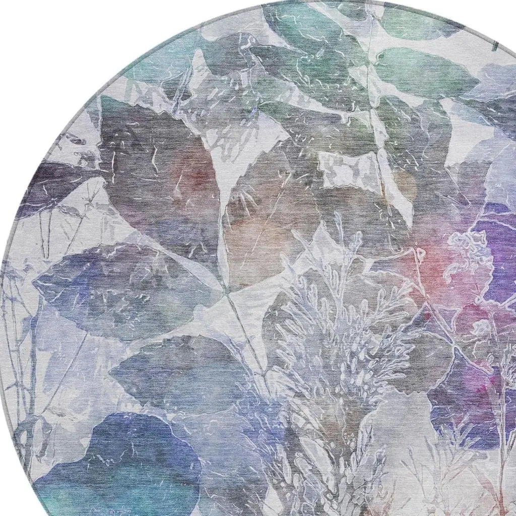 8' Blue And Silver Round Botanical Leaves Washable Indoor Outdoor Area Rug Homeroots Outdoor