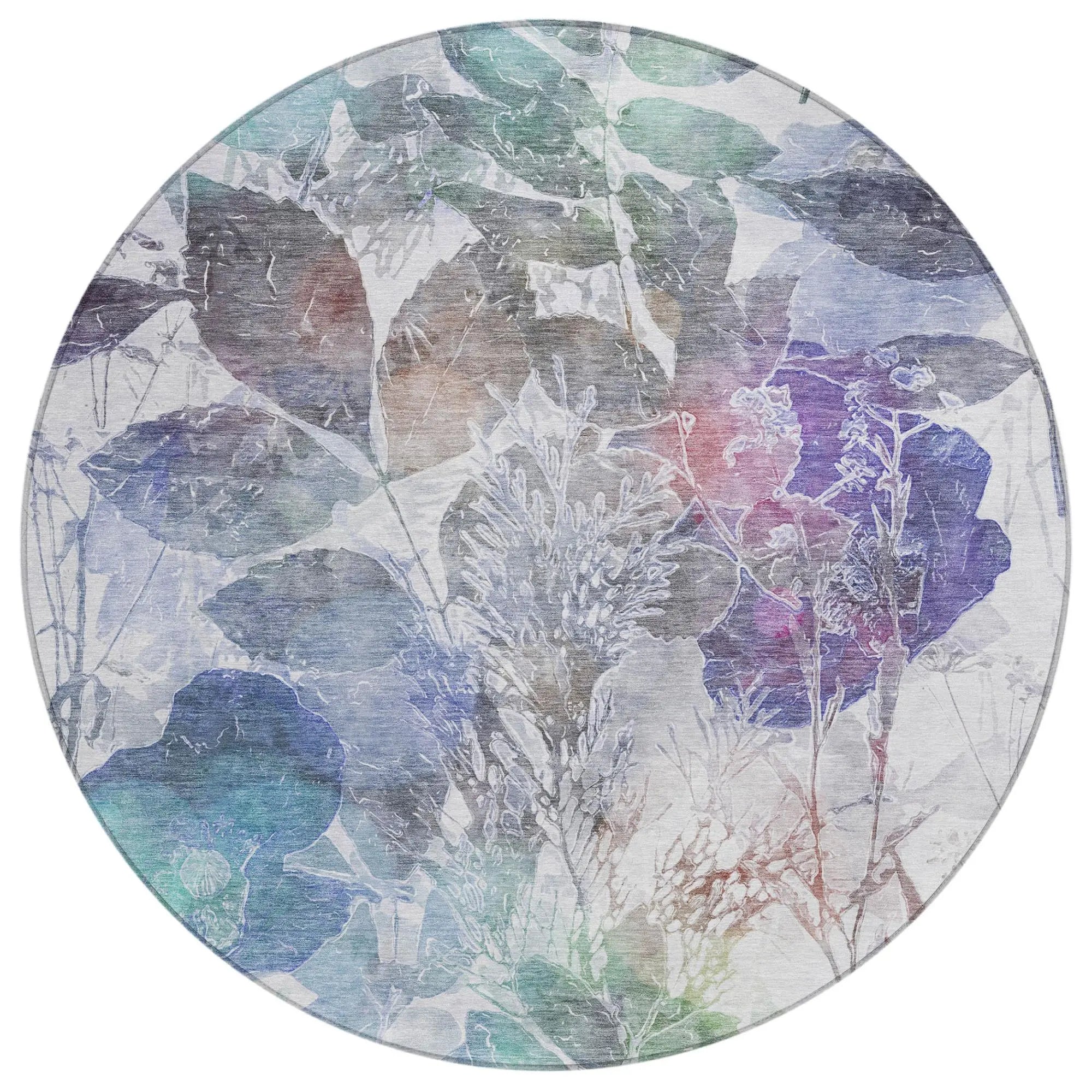 8' Blue And Silver Round Botanical Leaves Washable Indoor Outdoor Area Rug Homeroots Outdoor