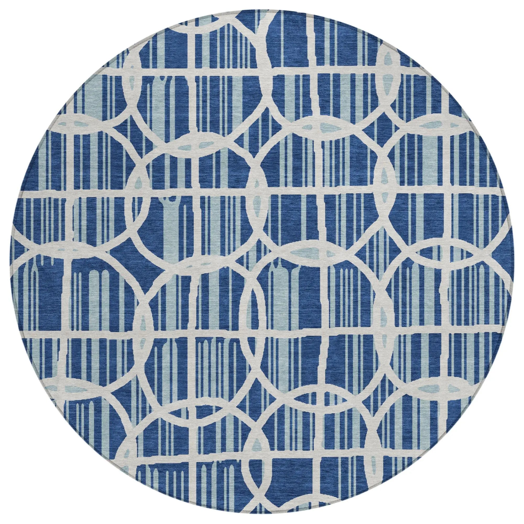 8' Blue And Silver Round Geometric Washable Indoor Outdoor Area Rug Homeroots Outdoor