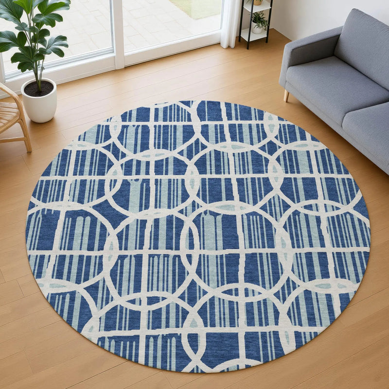 8' Blue And Silver Round Geometric Washable Indoor Outdoor Area Rug Homeroots Outdoor