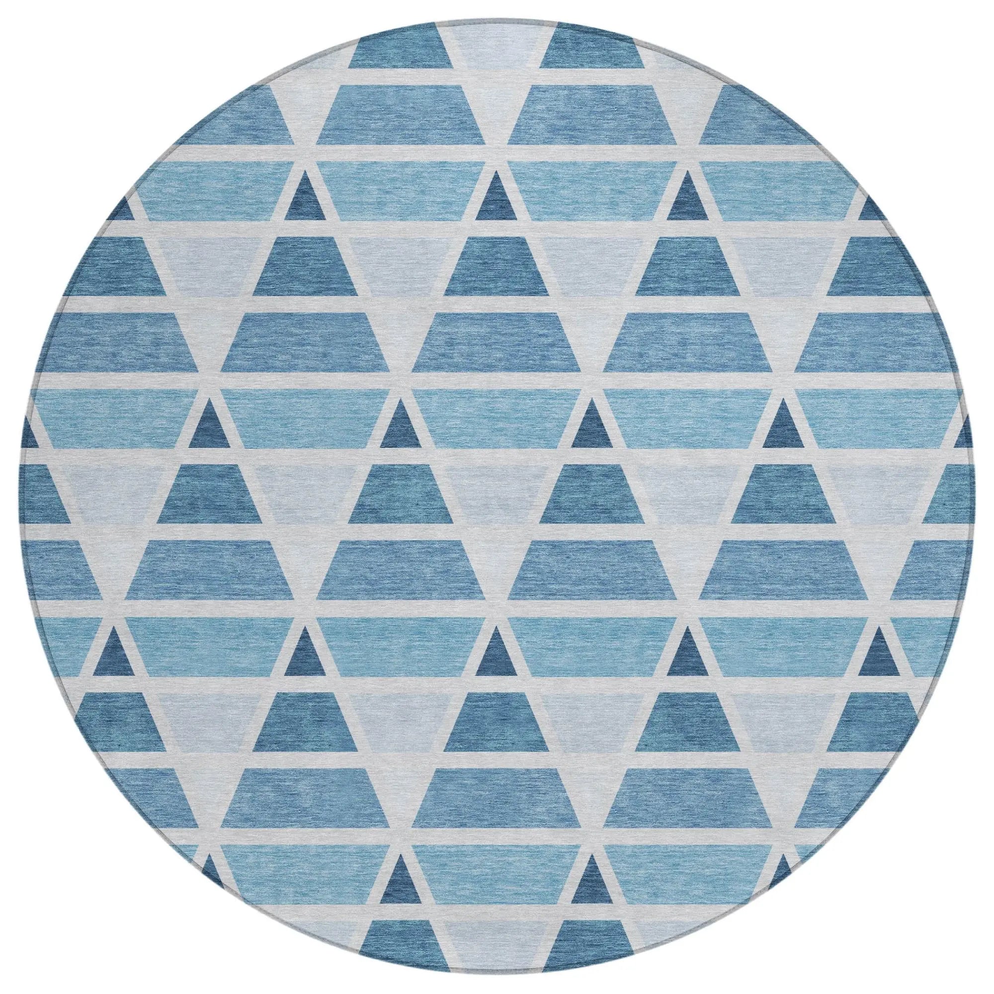 8' Blue And Silver Round Geometric Washable Indoor Outdoor Area Rug Homeroots Outdoor