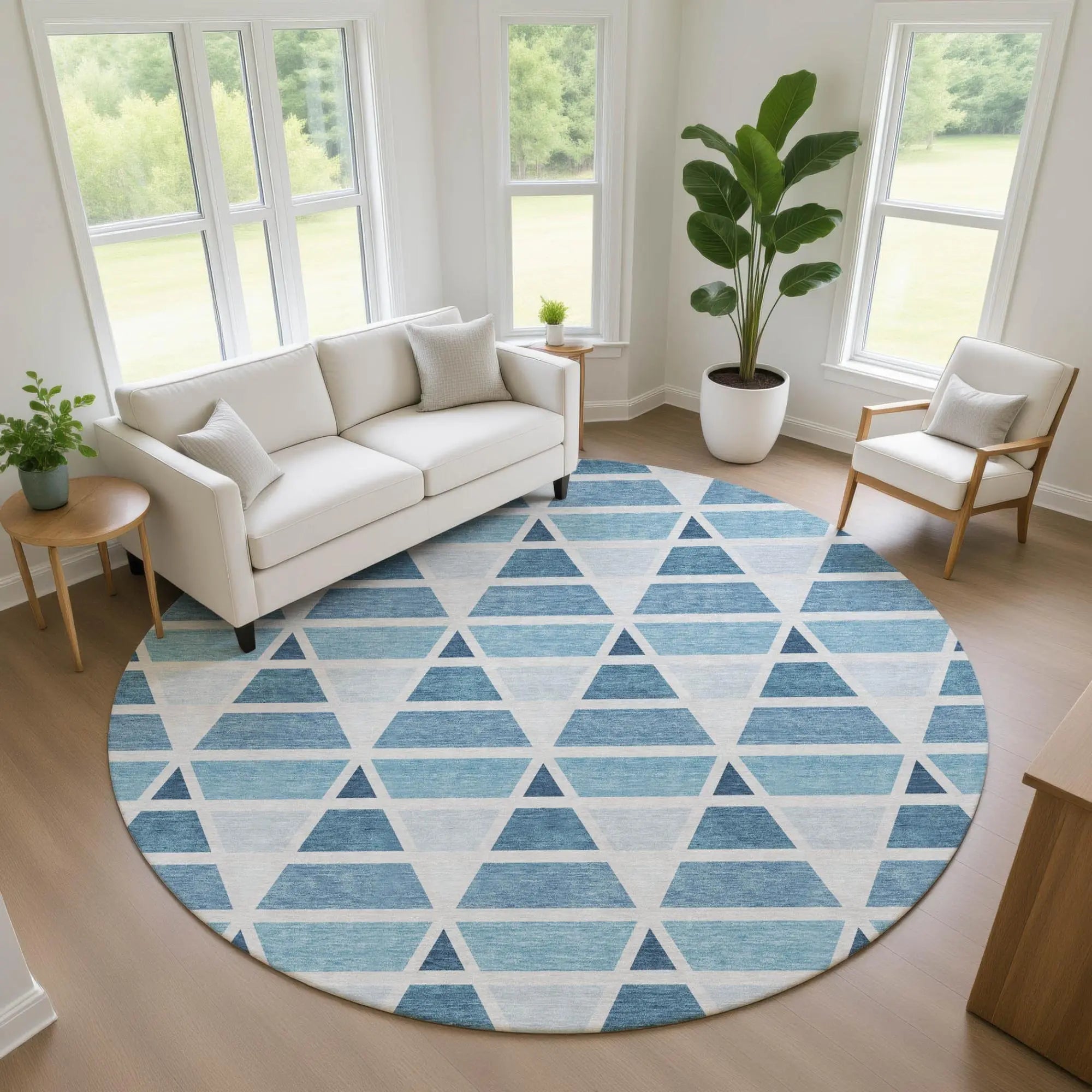 8' Blue And Silver Round Geometric Washable Indoor Outdoor Area Rug Homeroots Outdoor