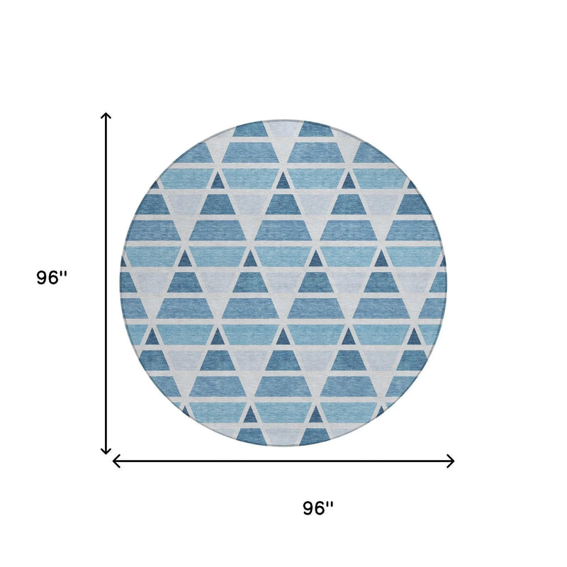 8' Blue And Silver Round Geometric Washable Indoor Outdoor Area Rug Homeroots Outdoor