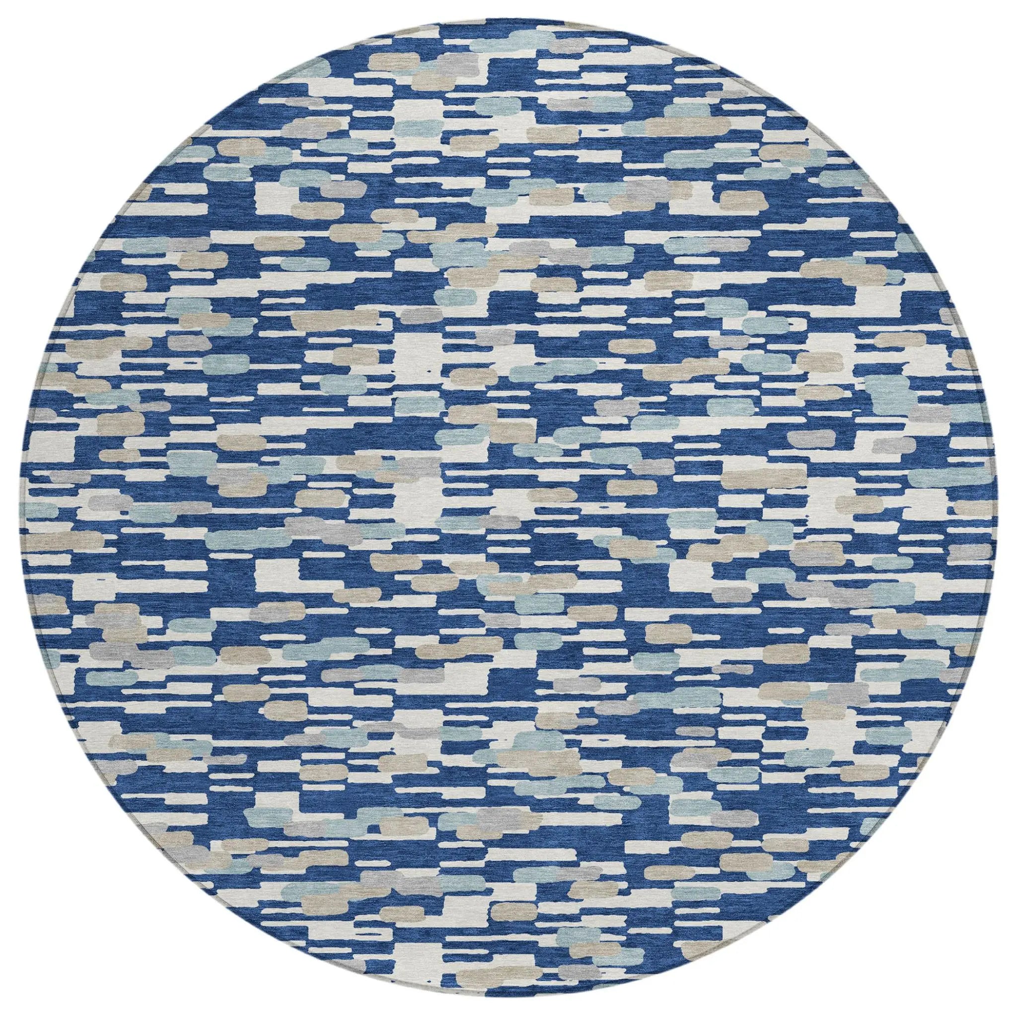 8' Blue And Silver Round Geometric Washable Indoor Outdoor Area Rug Homeroots Outdoor