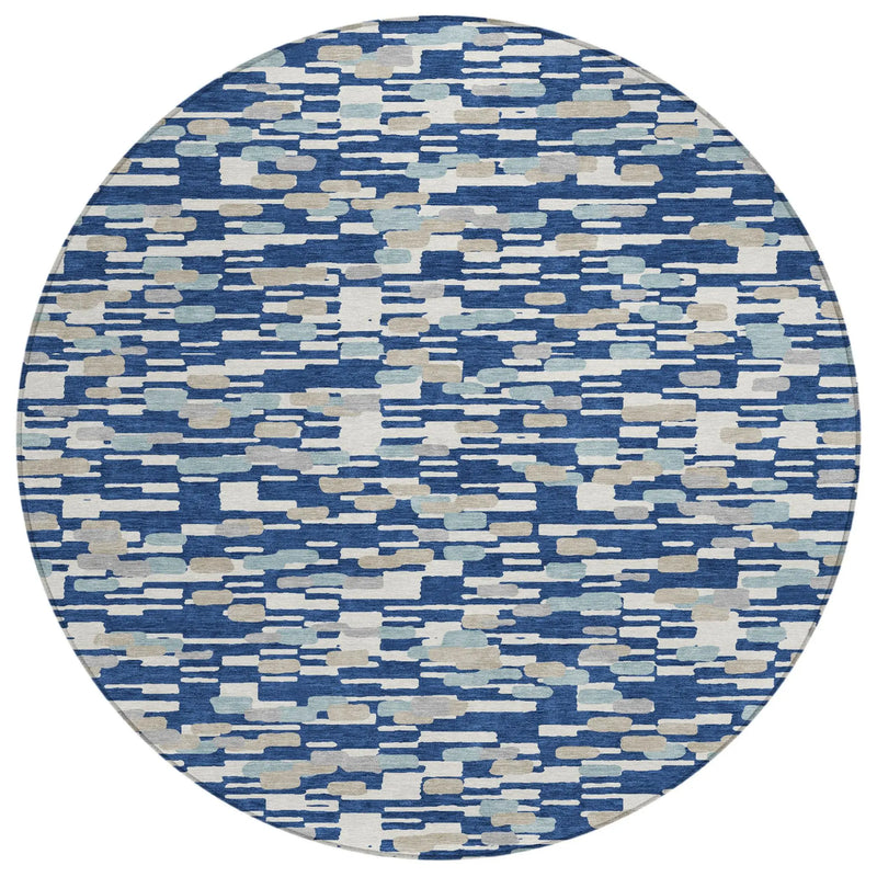 8' Blue And Silver Round Geometric Washable Indoor Outdoor Area Rug Homeroots Outdoor