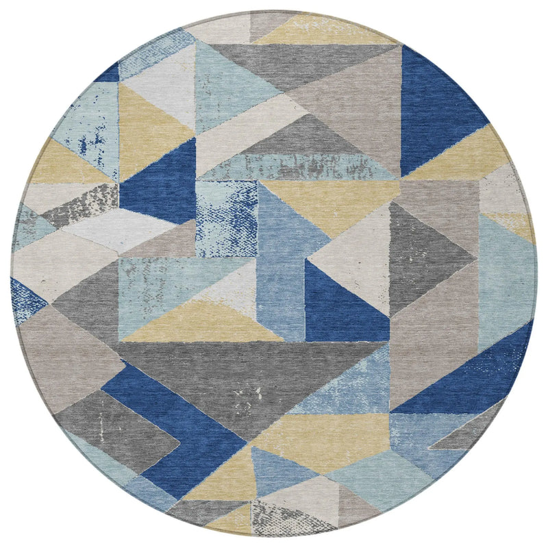 8' Blue And Silver Round Geometric Washable Indoor Outdoor Area Rug Homeroots Outdoor