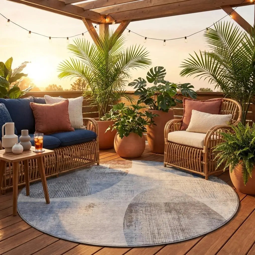 8' Blue And Silver Round Geometric Washable Indoor Outdoor Area Rug Homeroots Outdoor