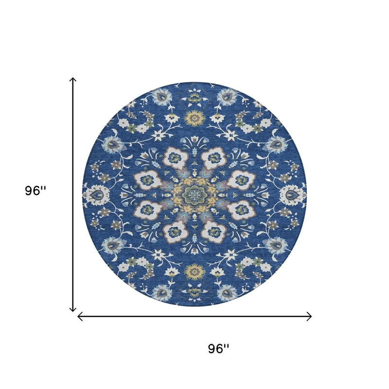 8' Blue And Silver Round Oriental Washable Indoor Outdoor Area Rug Homeroots Outdoor