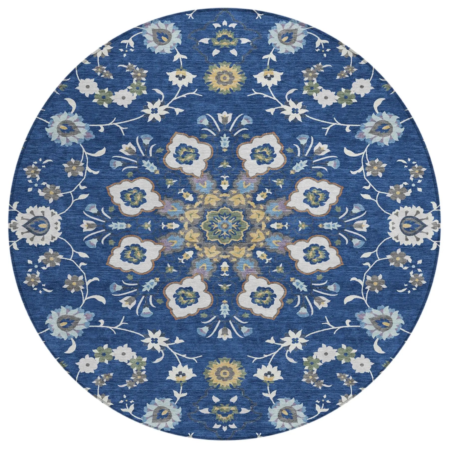 8' Blue And Silver Round Oriental Washable Indoor Outdoor Area Rug Homeroots Outdoor