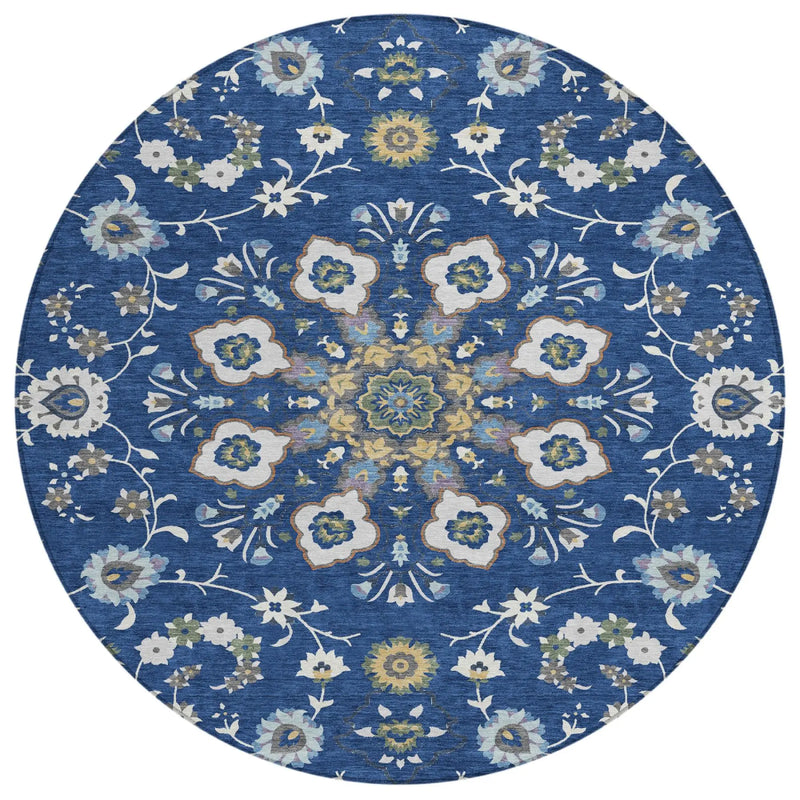 8' Blue And Silver Round Oriental Washable Indoor Outdoor Area Rug Homeroots Outdoor