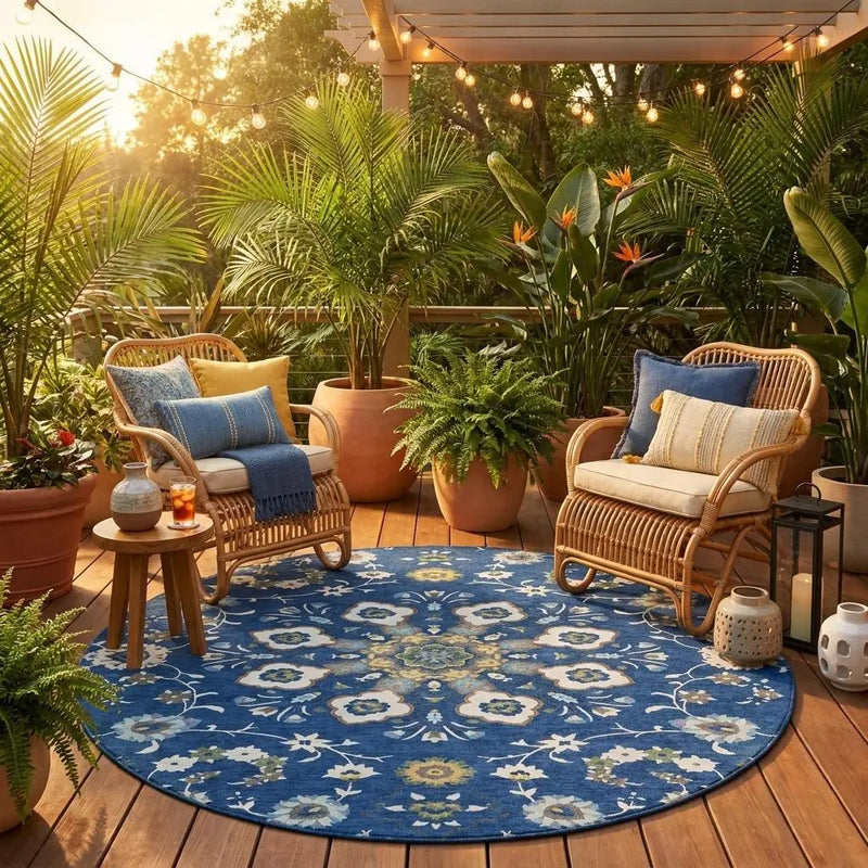 8' Blue And Silver Round Oriental Washable Indoor Outdoor Area Rug Homeroots Outdoor