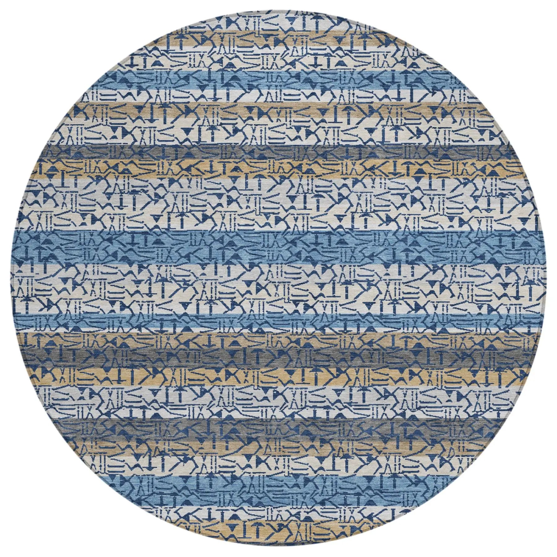 8' Blue And Silver Round Striped Washable Indoor Outdoor Area Rug Homeroots Outdoor