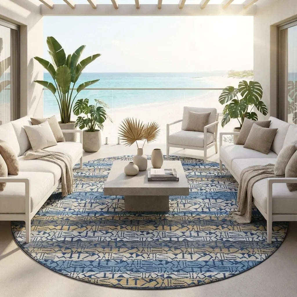 8' Blue And Silver Round Striped Washable Indoor Outdoor Area Rug Homeroots Outdoor