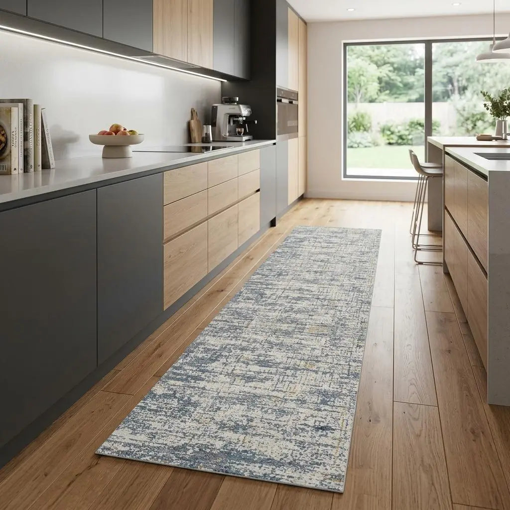 8' Blue And Taupe Abstract Washable Runner Rug Homeroots Home Decor