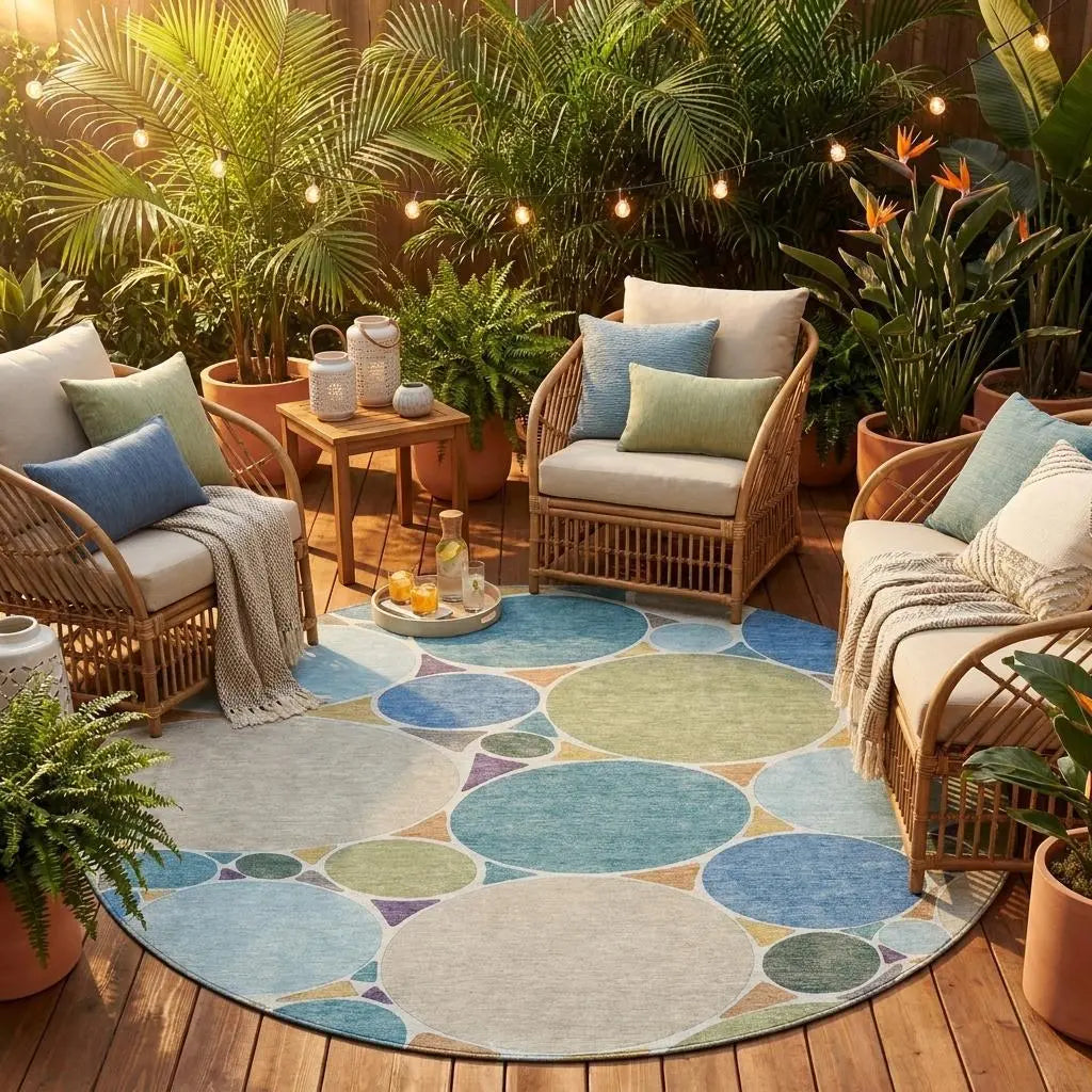 8' Blue And Teal Blue Round Geometric Washable Indoor Outdoor Area Rug Homeroots Outdoor