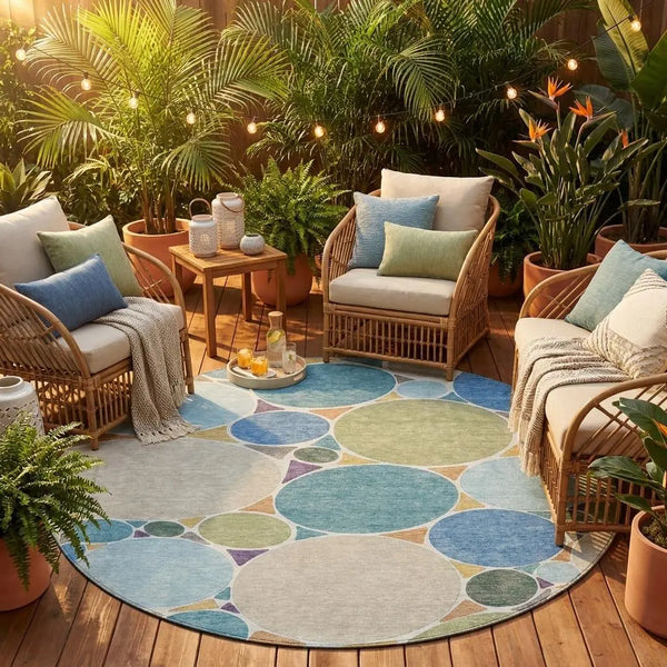 8' Blue And Teal Blue Round Geometric Washable Indoor Outdoor Area Rug Homeroots Outdoor