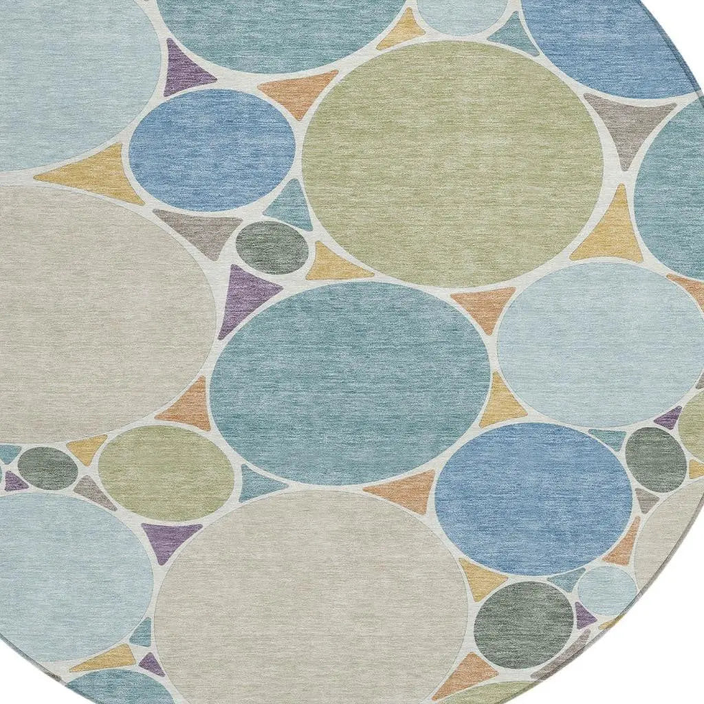 8' Blue And Teal Blue Round Geometric Washable Indoor Outdoor Area Rug Homeroots Outdoor