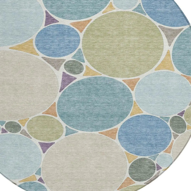 8' Blue And Teal Blue Round Geometric Washable Indoor Outdoor Area Rug Homeroots Outdoor