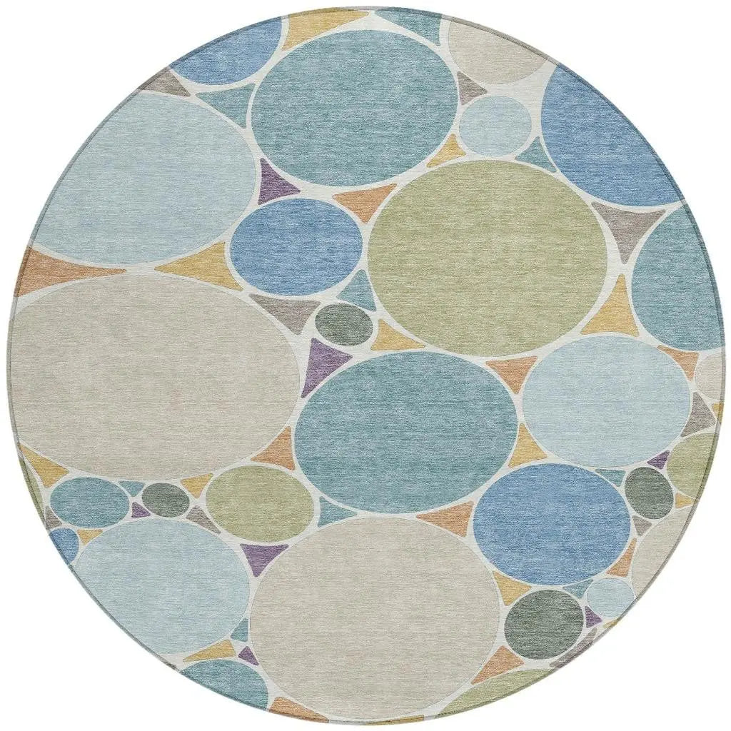 8' Blue And Teal Blue Round Geometric Washable Indoor Outdoor Area Rug Homeroots Outdoor