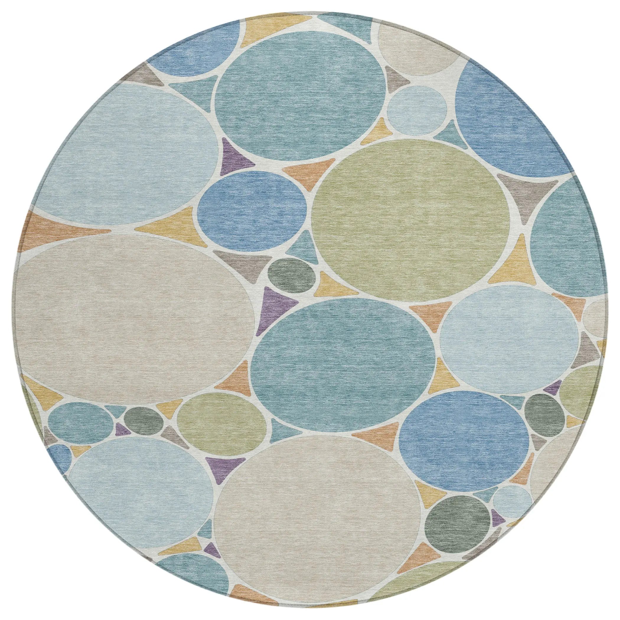 8' Blue And Teal Blue Round Geometric Washable Indoor Outdoor Area Rug Homeroots Outdoor