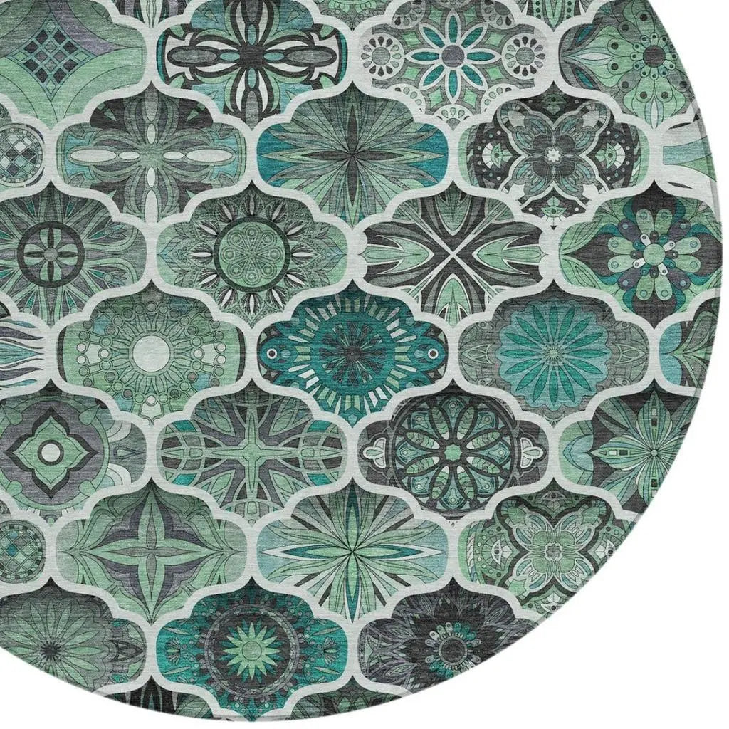 8' Blue And Teal Blue Round Ogee Washable Indoor Outdoor Area Rug Homeroots Outdoor