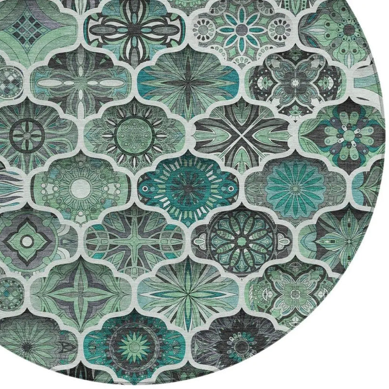 8' Blue And Teal Blue Round Ogee Washable Indoor Outdoor Area Rug Homeroots Outdoor