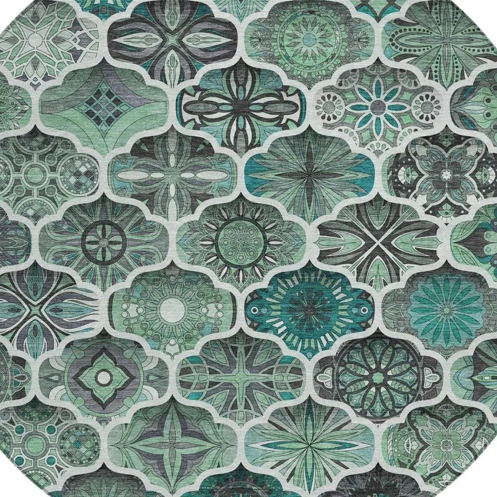 8' Blue And Teal Blue Round Ogee Washable Indoor Outdoor Area Rug Homeroots Outdoor