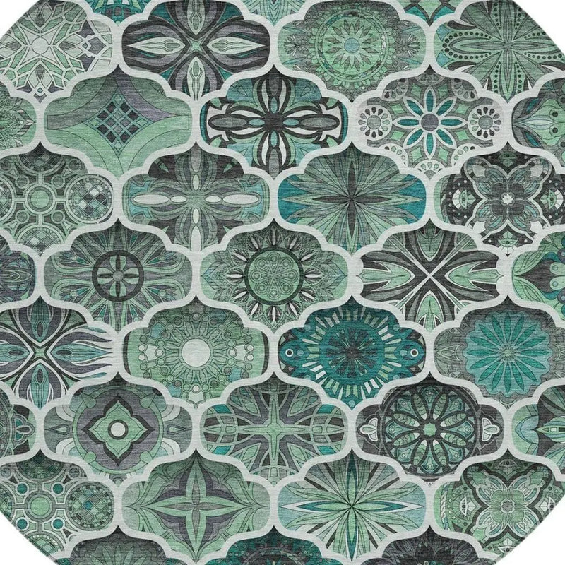 8' Blue And Teal Blue Round Ogee Washable Indoor Outdoor Area Rug Homeroots Outdoor