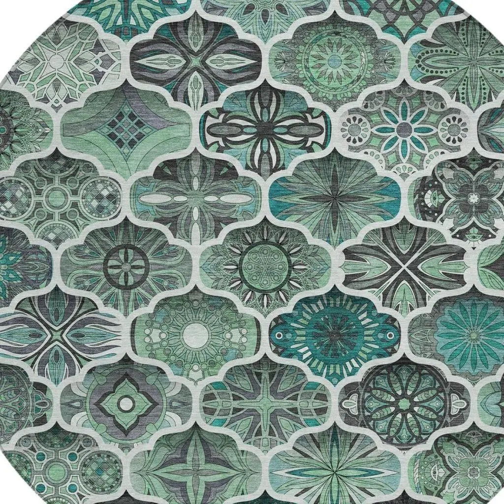 8' Blue And Teal Blue Round Ogee Washable Indoor Outdoor Area Rug Homeroots Outdoor
