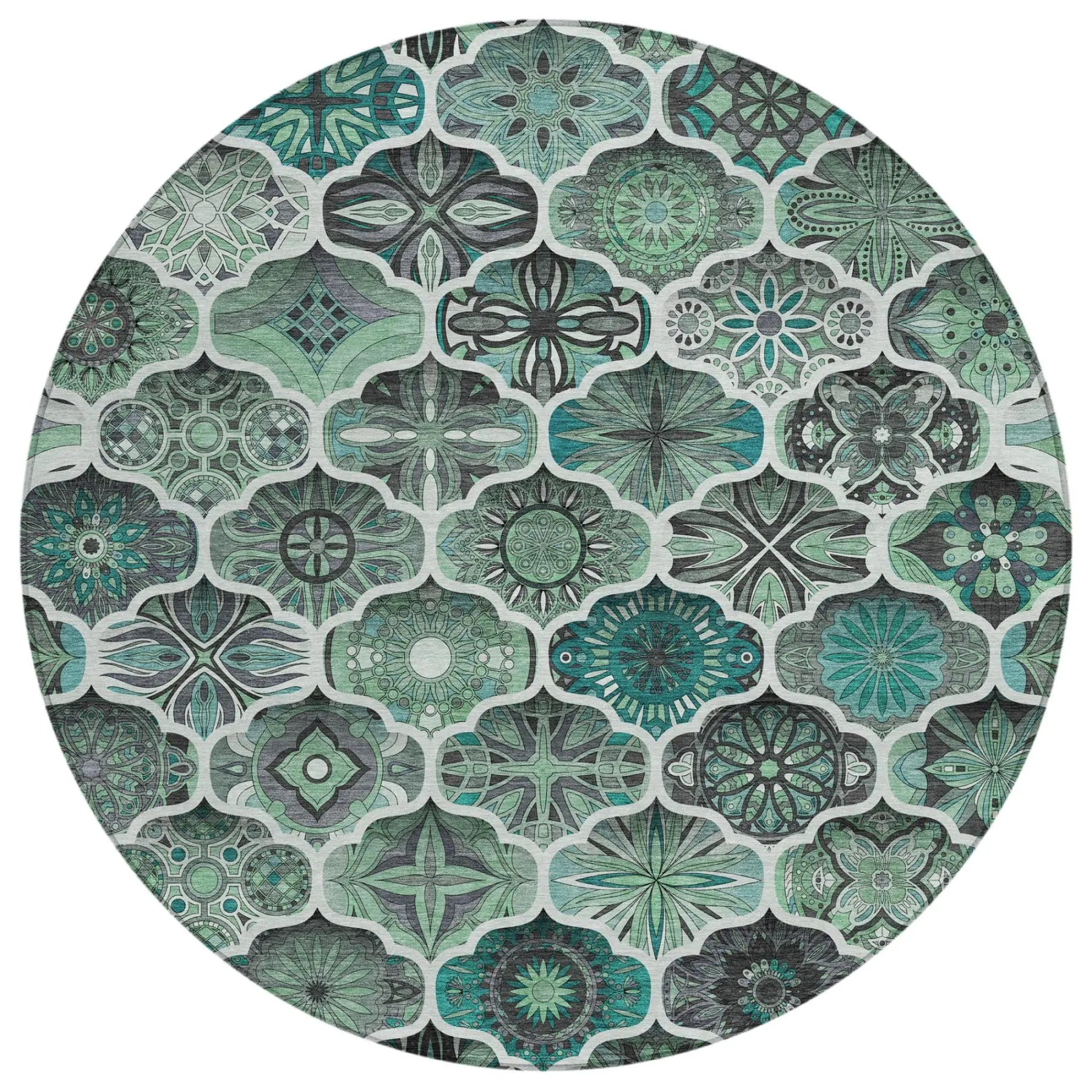 8' Blue And Teal Blue Round Ogee Washable Indoor Outdoor Area Rug Homeroots Outdoor
