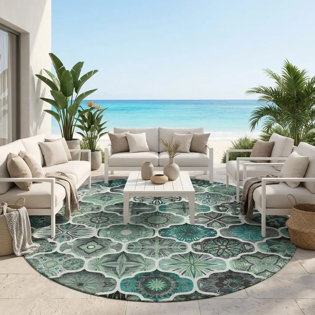 8' Blue And Teal Blue Round Ogee Washable Indoor Outdoor Area Rug Homeroots Outdoor