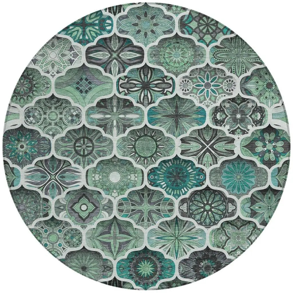 8' Blue And Teal Blue Round Ogee Washable Indoor Outdoor Area Rug Homeroots Outdoor