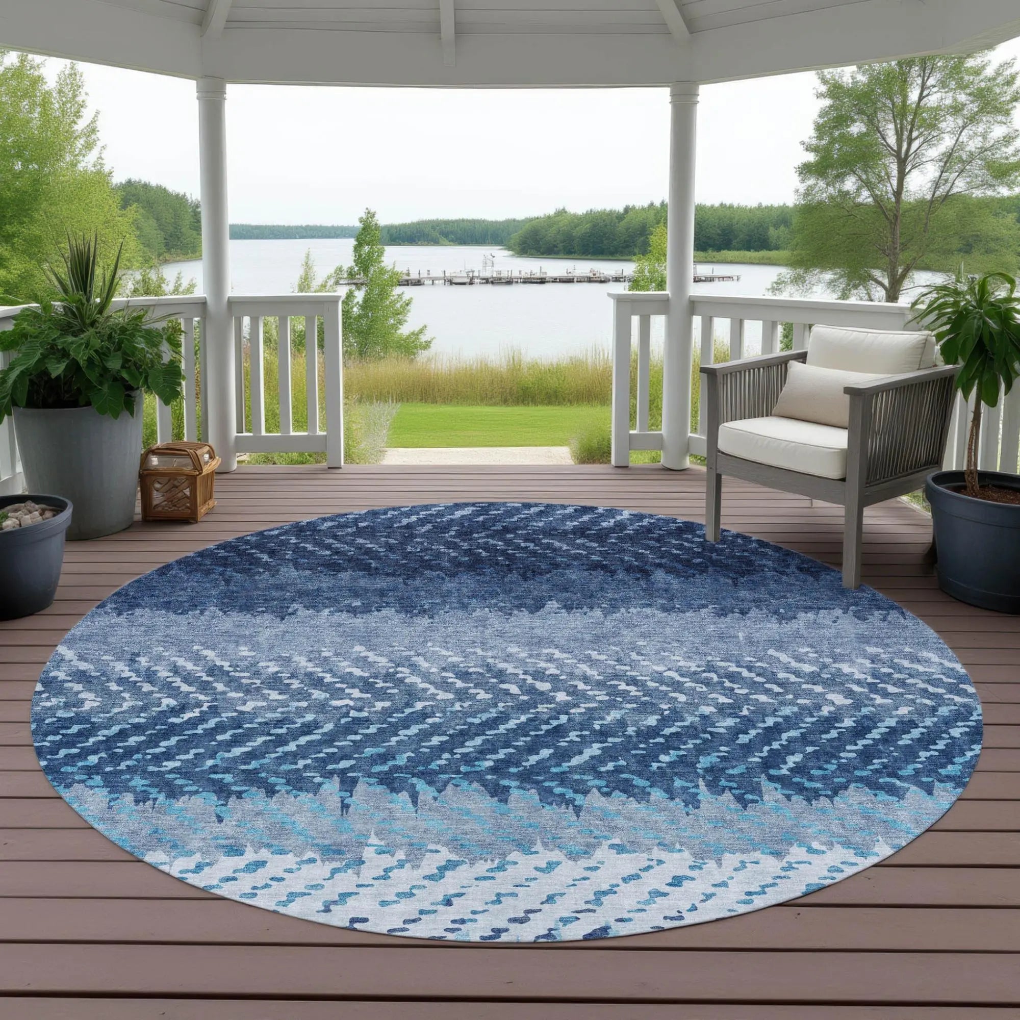 8' Blue And Teal Blue Round Striped Washable Indoor Outdoor Area Rug Homeroots Outdoor
