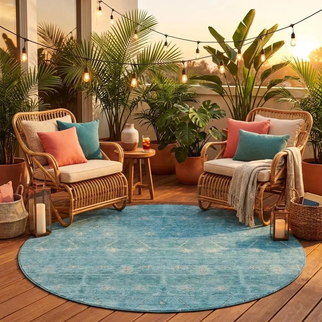 8' Blue And Teal Blue Round Tribal Washable Indoor Outdoor Area Rug Homeroots Outdoor