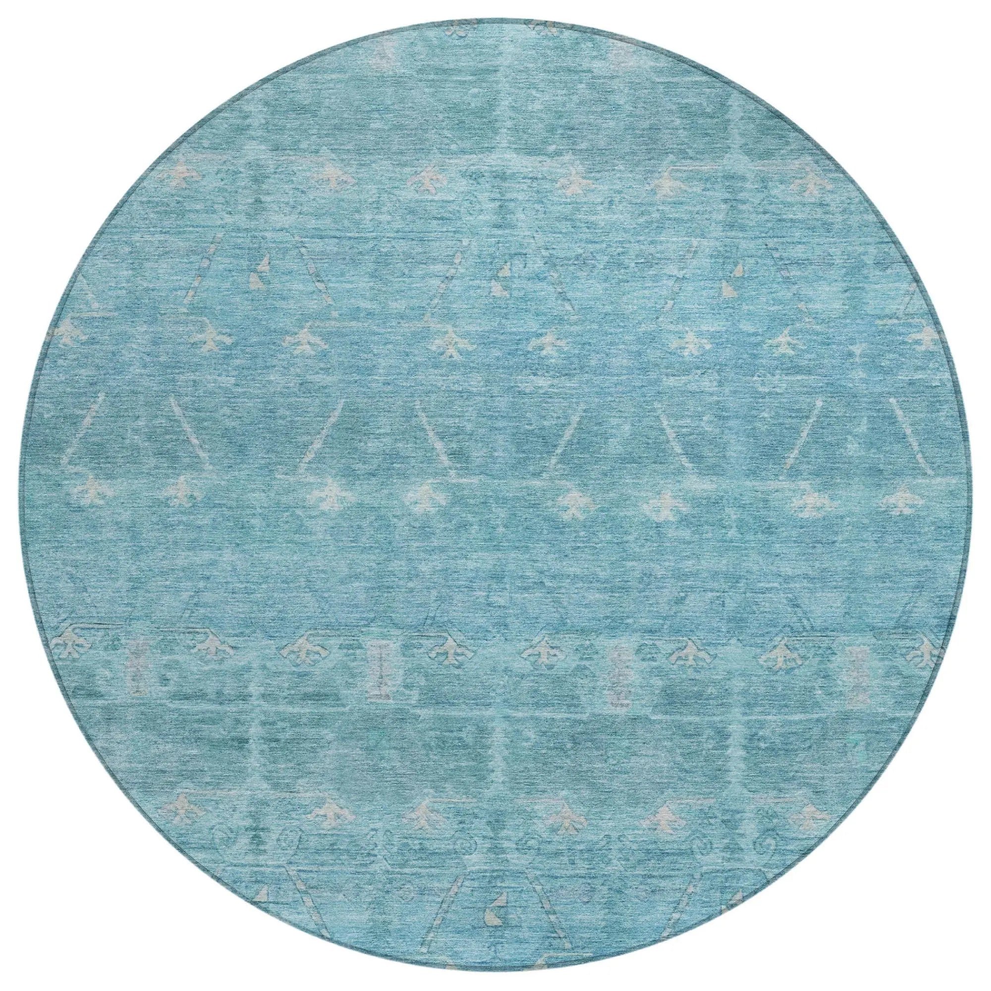 8' Blue And Teal Blue Round Tribal Washable Indoor Outdoor Area Rug Homeroots Outdoor