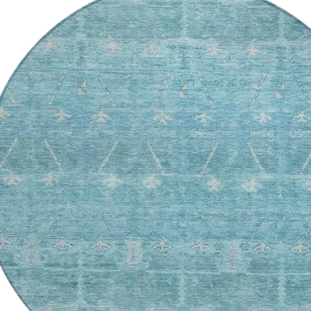 8' Blue And Teal Blue Round Tribal Washable Indoor Outdoor Area Rug Homeroots Outdoor