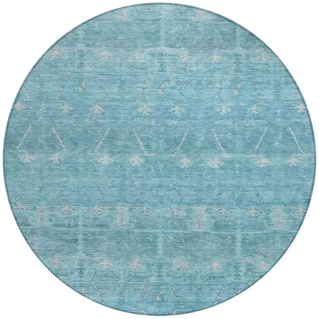 8' Blue And Teal Blue Round Tribal Washable Indoor Outdoor Area Rug Homeroots Outdoor