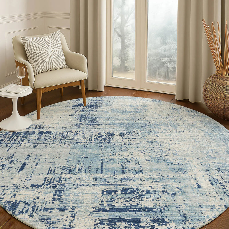 8' Blue And Wheat Round Abstract Washable Indoor Outdoor Area Rug Homeroots Outdoor