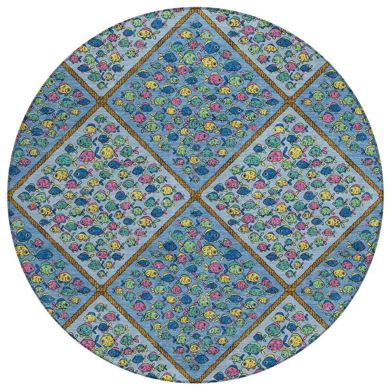 8' Blue And Yellow Round Abstract Washable Indoor Outdoor Area Rug Homeroots Outdoor