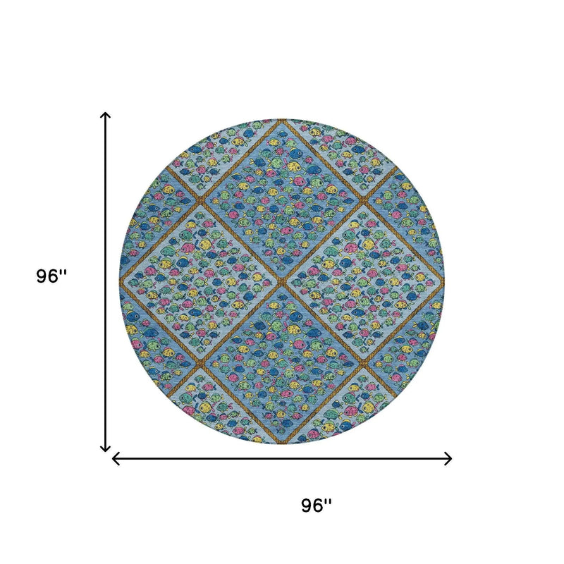 8' Blue And Yellow Round Abstract Washable Indoor Outdoor Area Rug Homeroots Outdoor