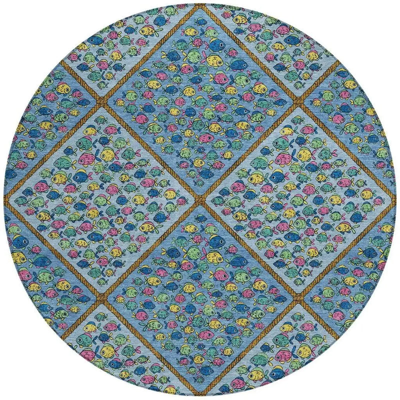 8' Blue And Yellow Round Abstract Washable Indoor Outdoor Area Rug Homeroots Outdoor