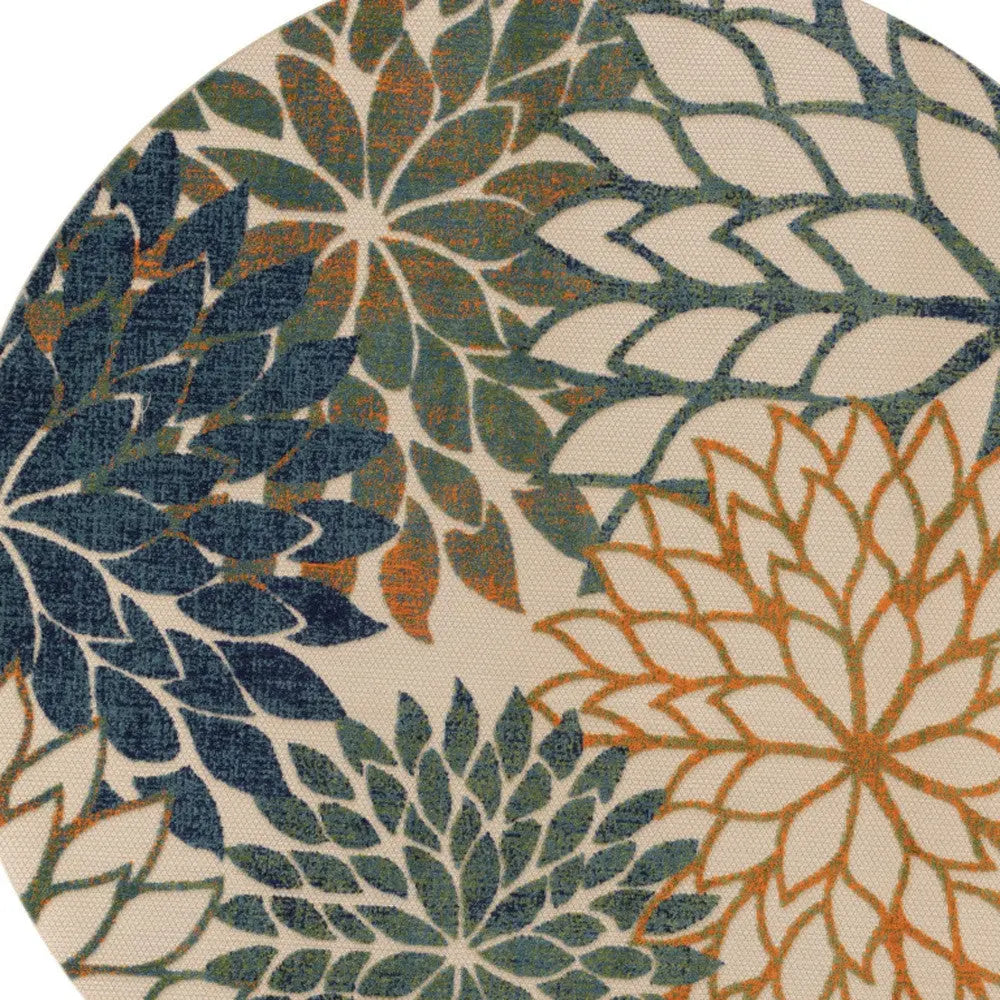 8' Blue Green And Orange Round Floral Indoor Outdoor Area Rug Homeroots Outdoor